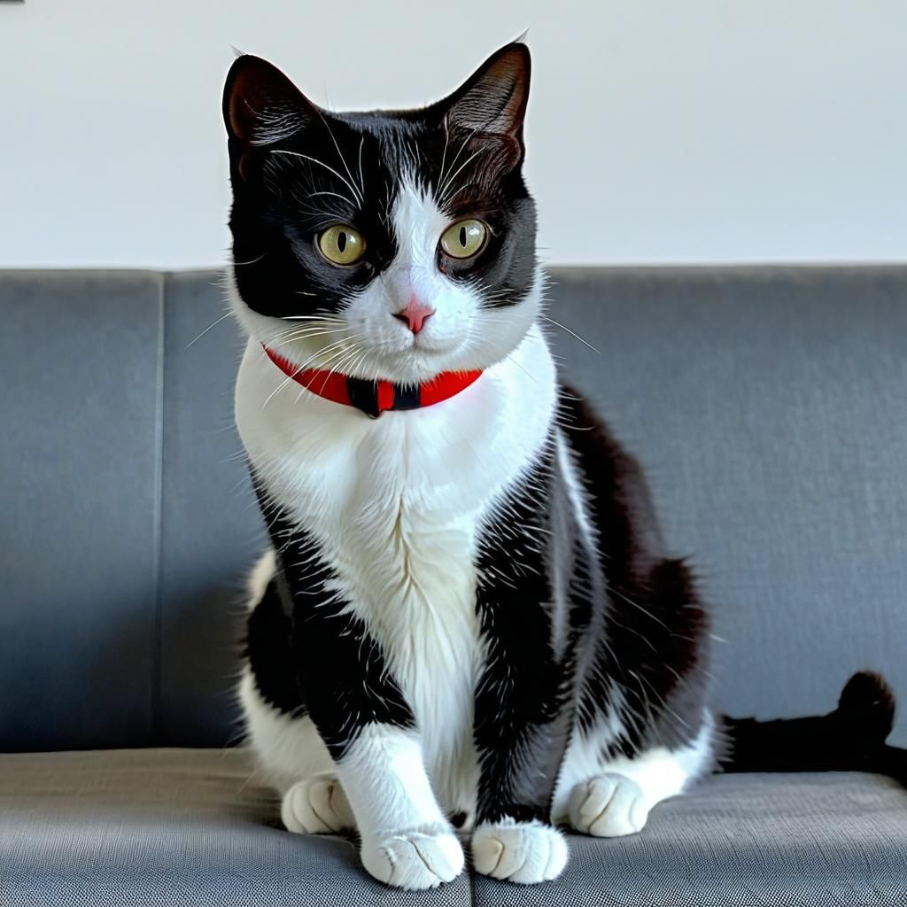 Black and White Cat on Sofa with Red Collar