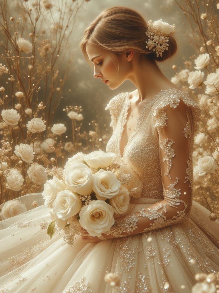 Bride in Glitter Wedding Dress with Flowers
