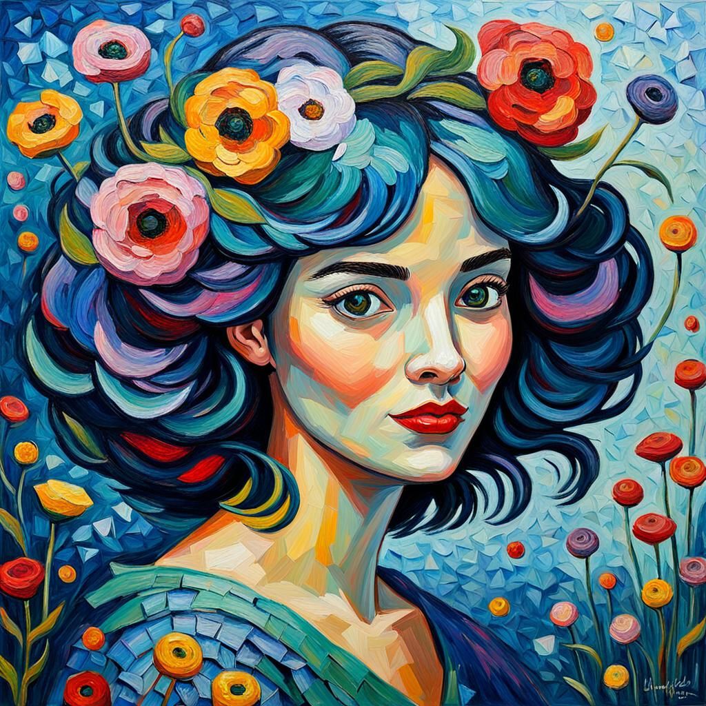 Colorful Neo-Impressionistic Oil Painting with Textured Pain...