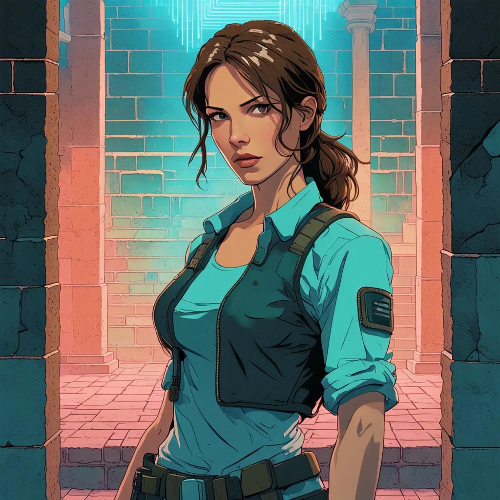 Lara Croft Cyberpunk Mugshot in Vaporwave Pixel Art