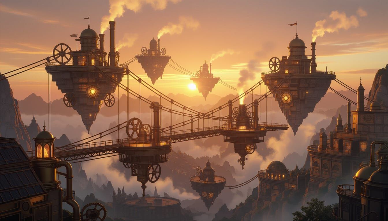 Aether Bridges at Dusk: Floating Islands with Mechanical Lin...