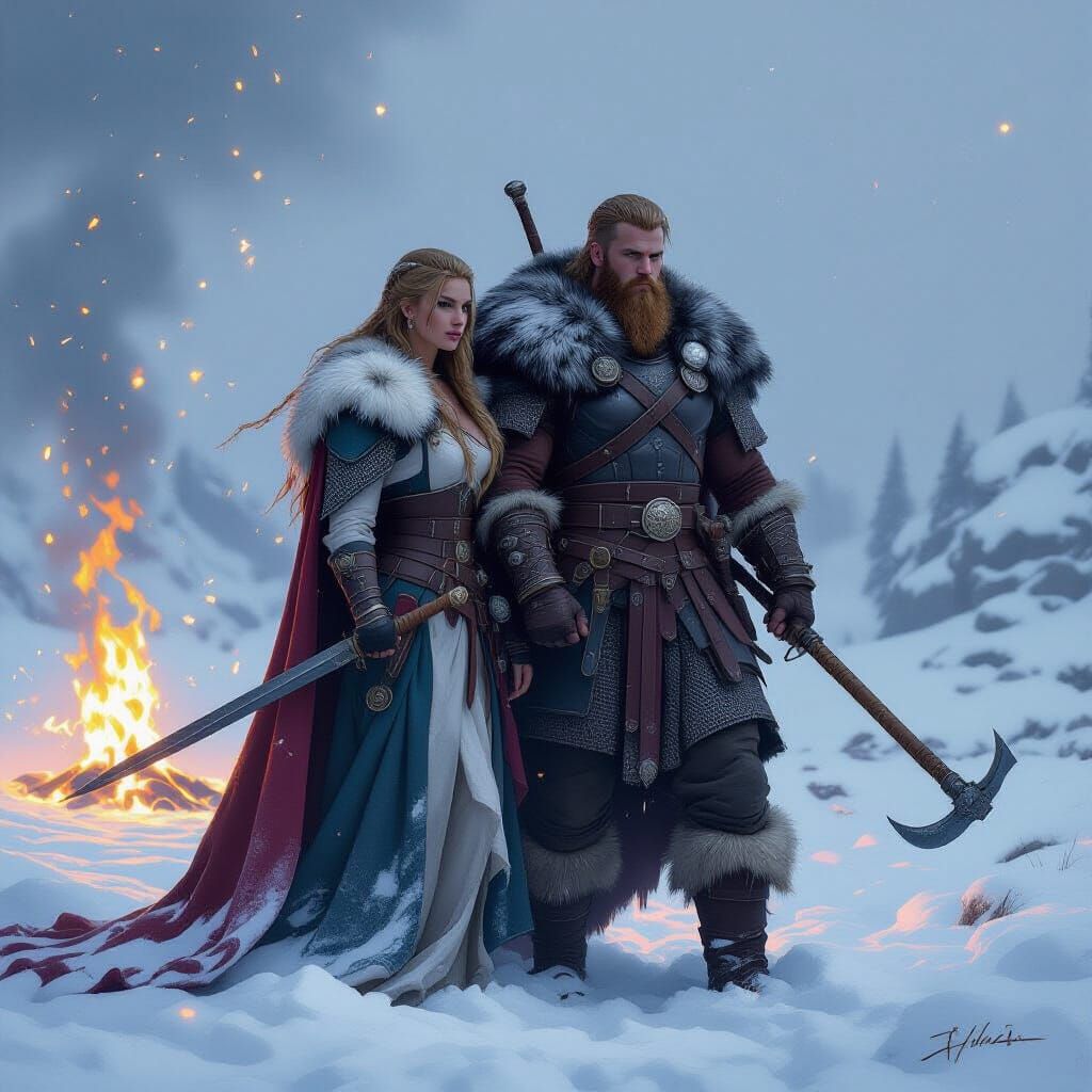 Hyperrealistic Viking Couple Amid Snow and Flames