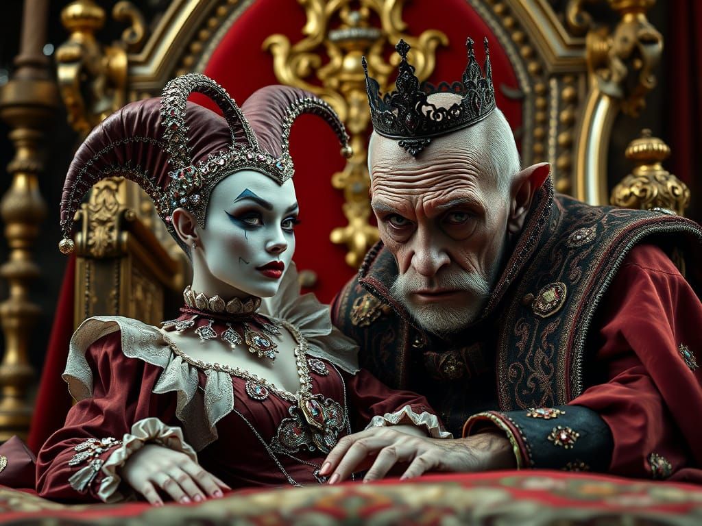 Stunning Female Jester at the Feet of a Grotesque King