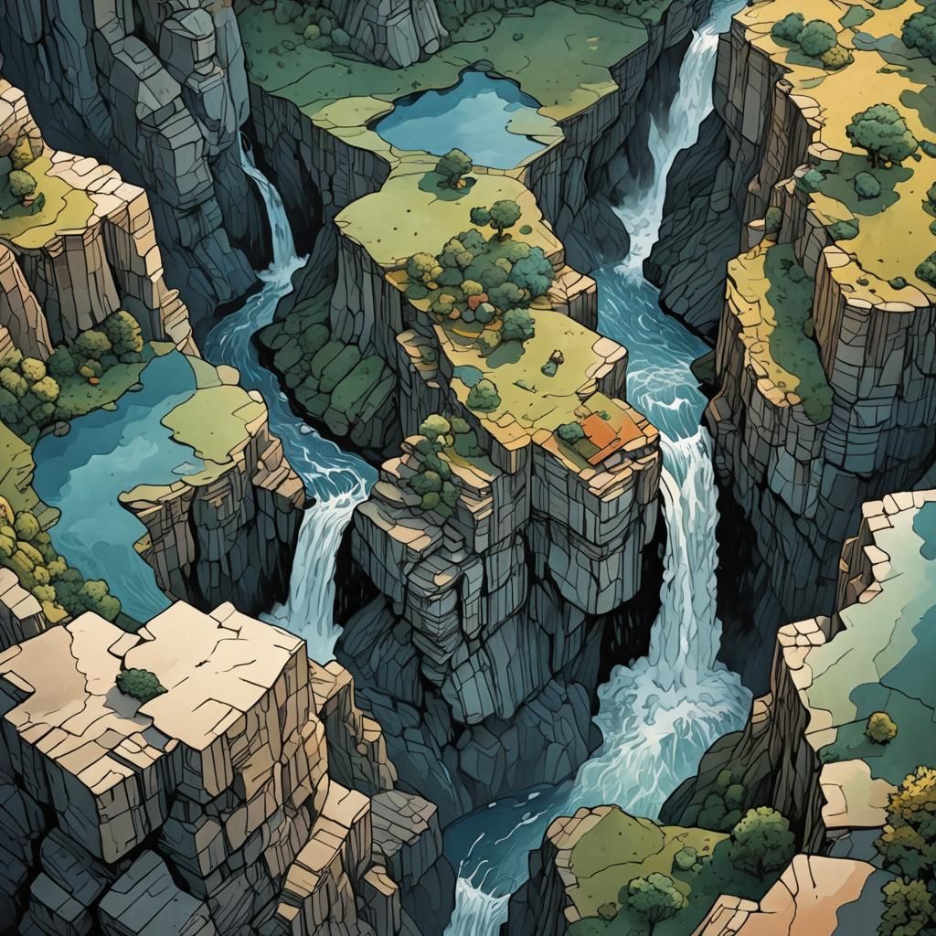 Waterfall at Dusk: Cubist Digital Illustration