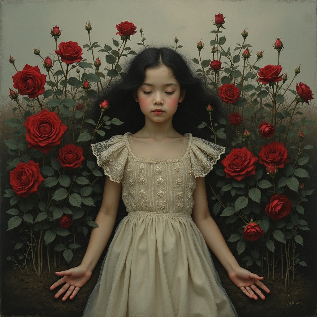 Melancholic Girl in Thorny Rose Garden