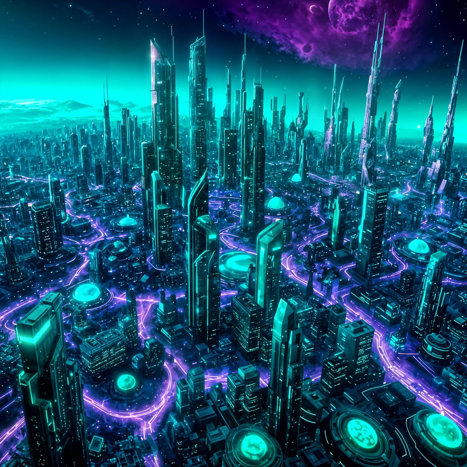 Epic Cyberpunk Cityscape in Cosmic Purple Hues