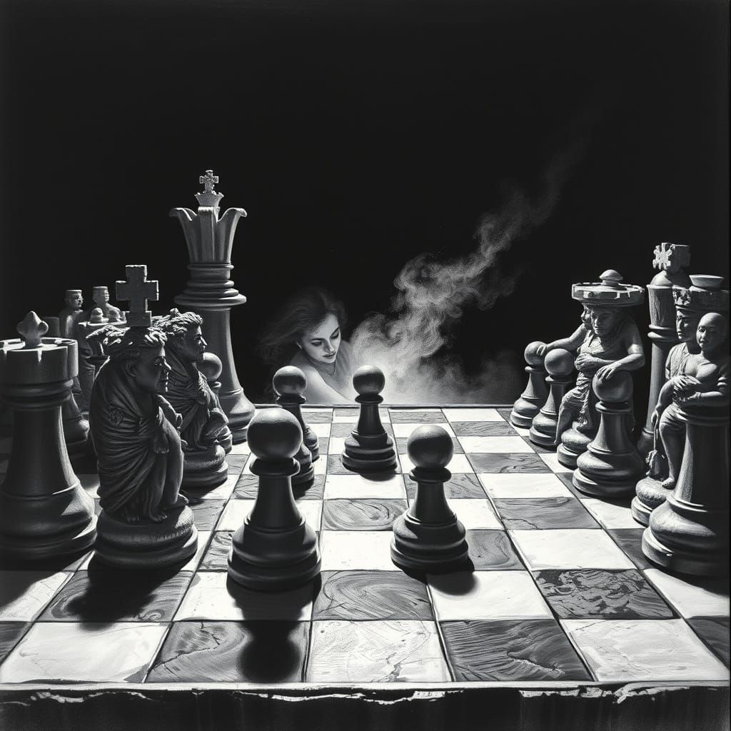 Intricate Chessboard in Dark Surrealist Style