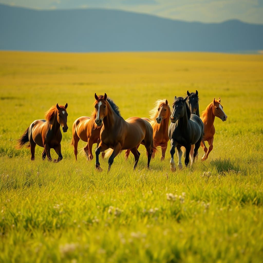 Wild Horses Galloping in Golden Sunlight