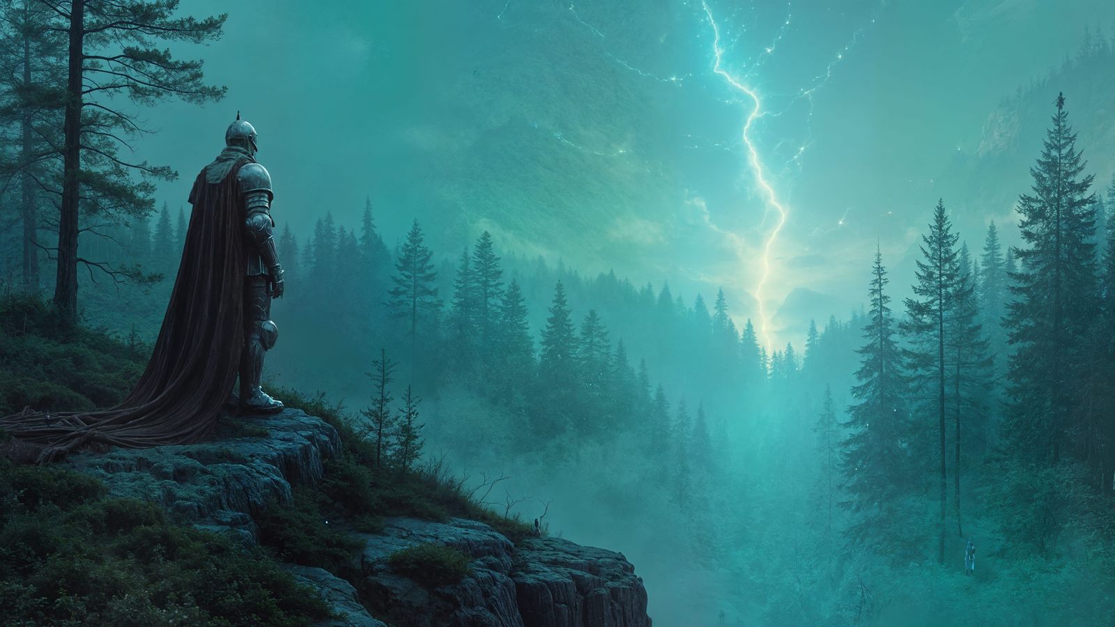 Silver Knight Stands Vigilant on Cliff's Edge, Gazing into E...