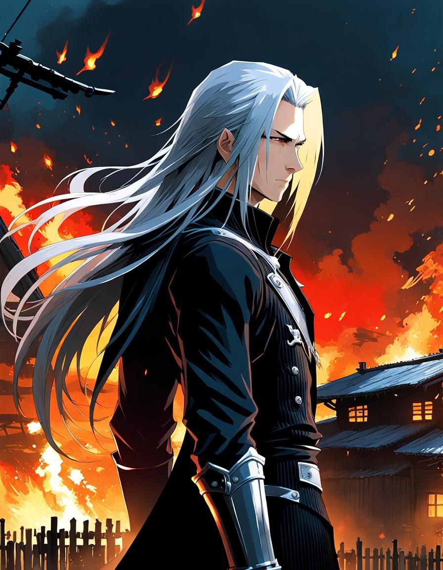 Sephiroth's Burning Gaze: Anime-Style Digital Art