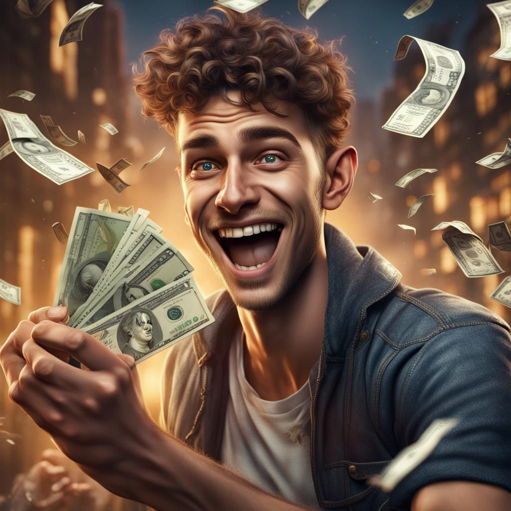 Excited Man Surrounded by Money in Detailed Digital Art