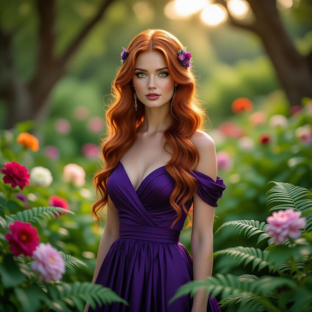 a hyper-realistic ethereal woman with long red hair, green e...