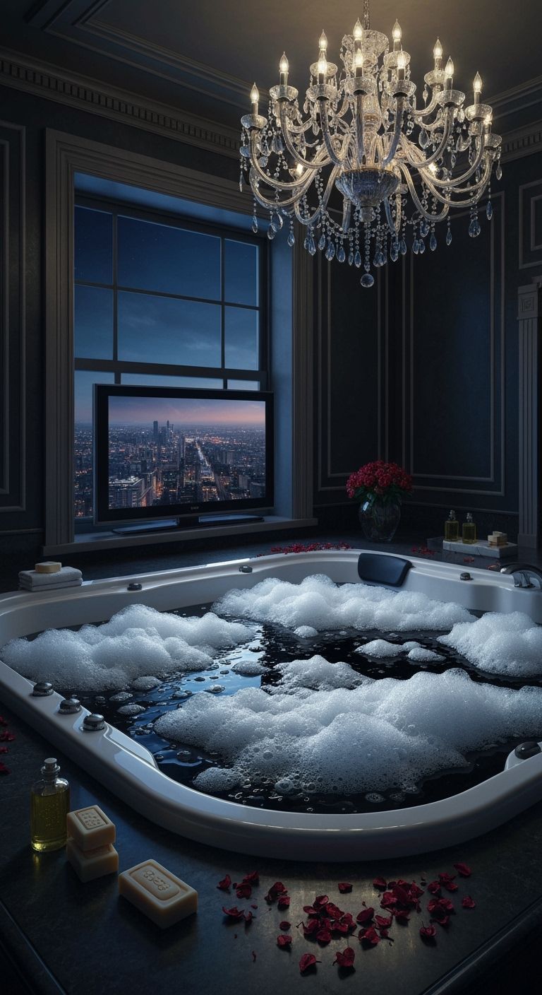 Luxurious Night Bathroom with City View and Bubbling Jacuzzi