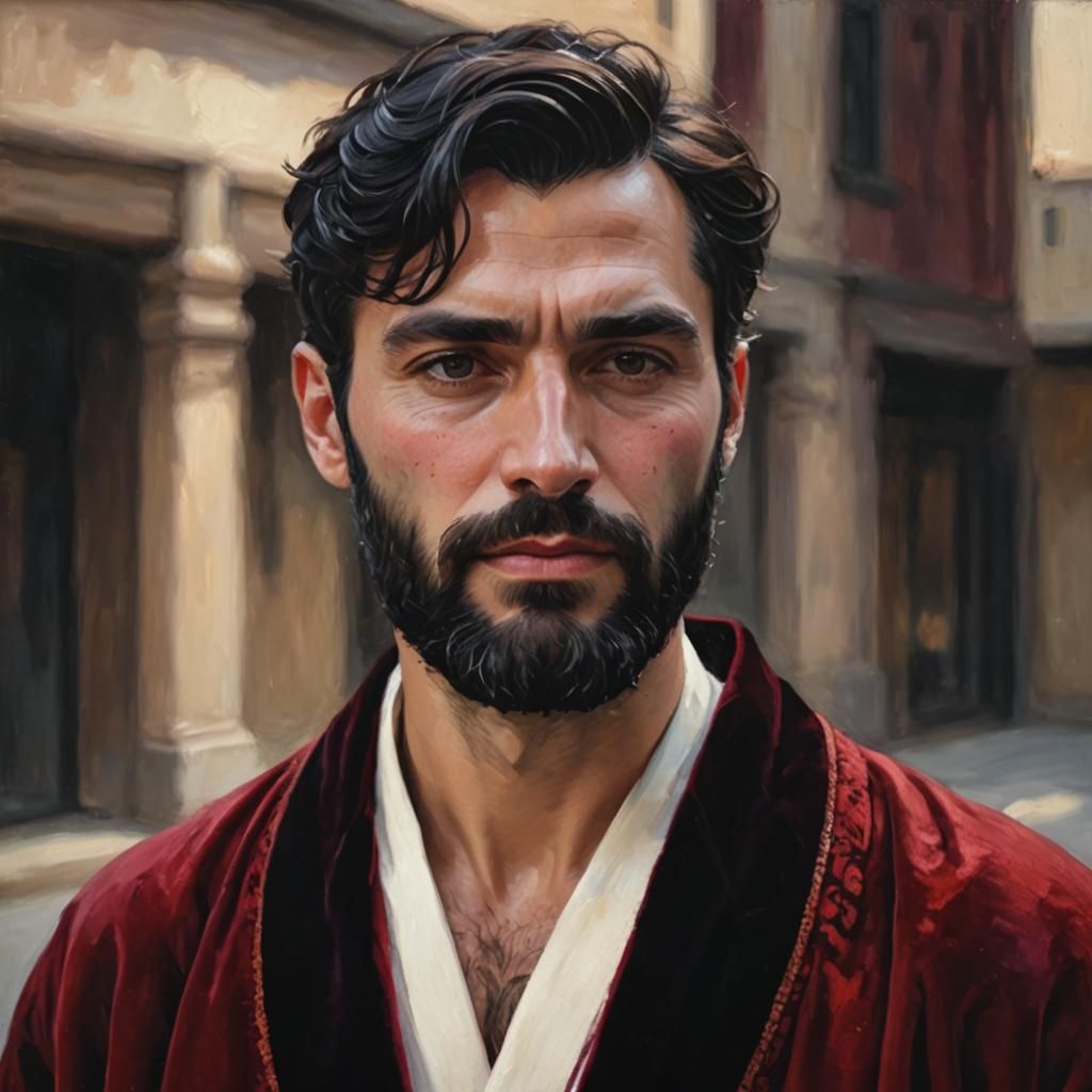 Handsome Man in Velvet Robe: Expressionist Oil Painting