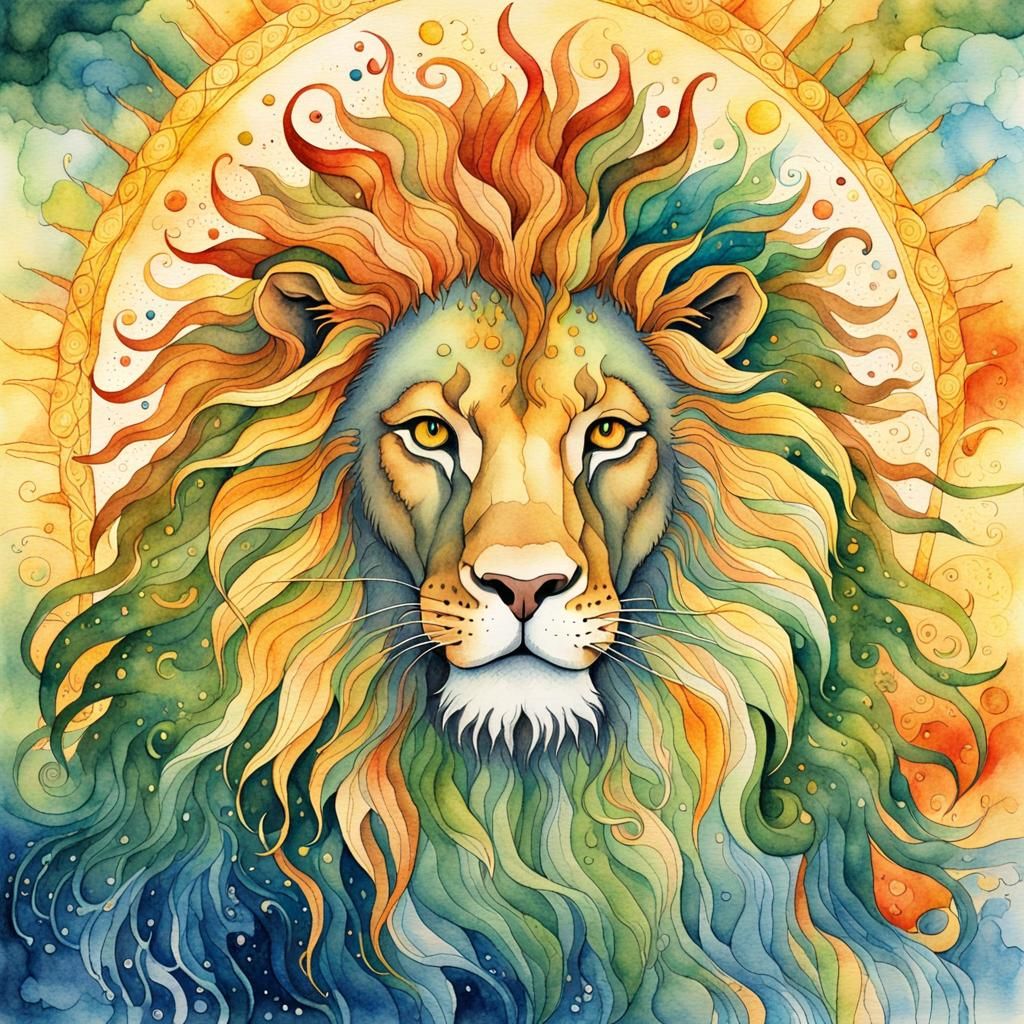 Sun and Lion Watercolor in Leonardo da Vinci Style