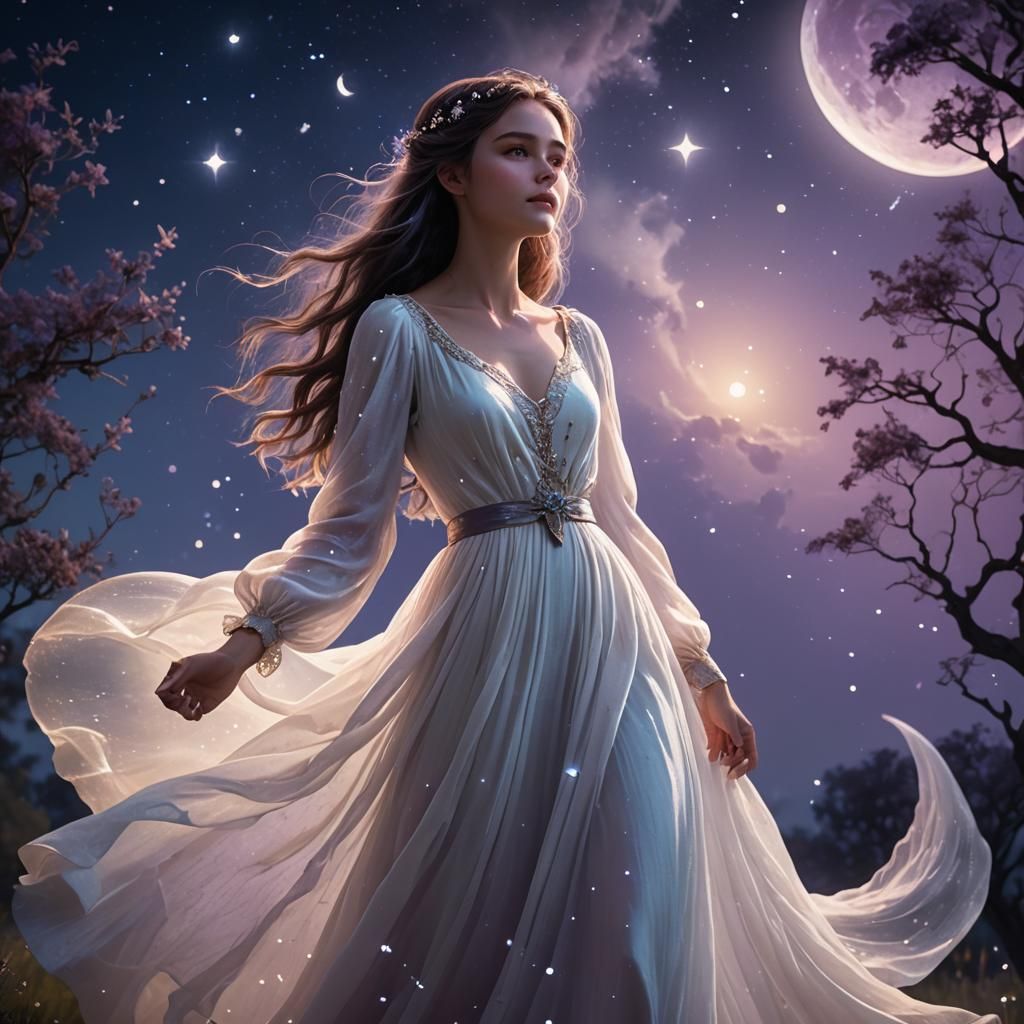 Girl Greets Glowing Moon in Whimsical Fantasy Art