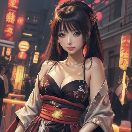 Beautiful Woman in Kimono, Cel-Shaded Anime Style