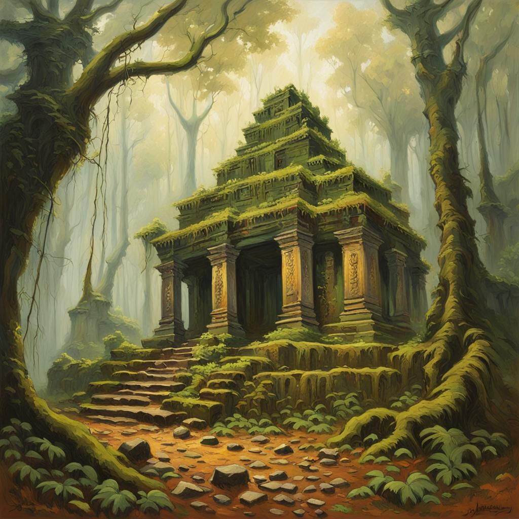 Mystical Jungle Temple Ruins as Impressionist Painting