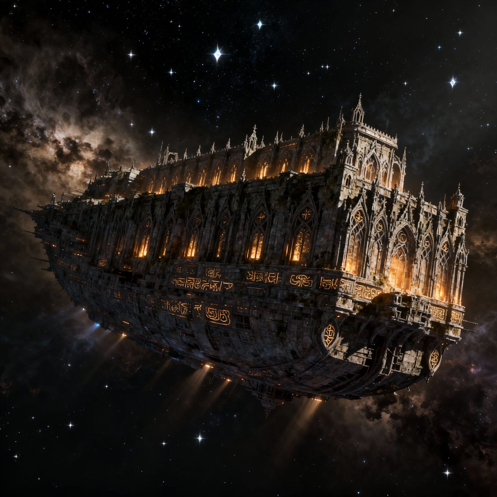 Ancient Gothic Spaceship Drifts Through Nebula in 3D Style