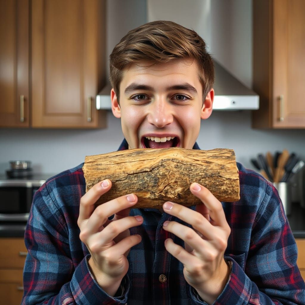 Hyperrealistic Man Bites Log in Kitchen Scene