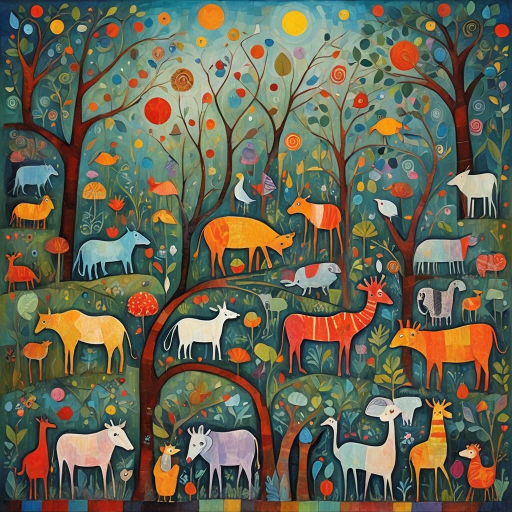 Colorful Zoo in Expressionist Impasto Style