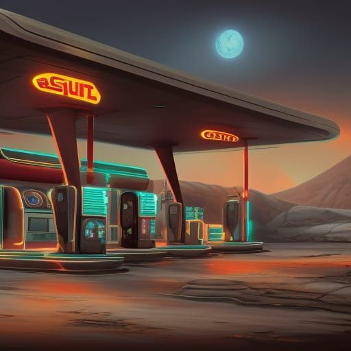Retro Gas Station on Mars: Detailed Matte Painting