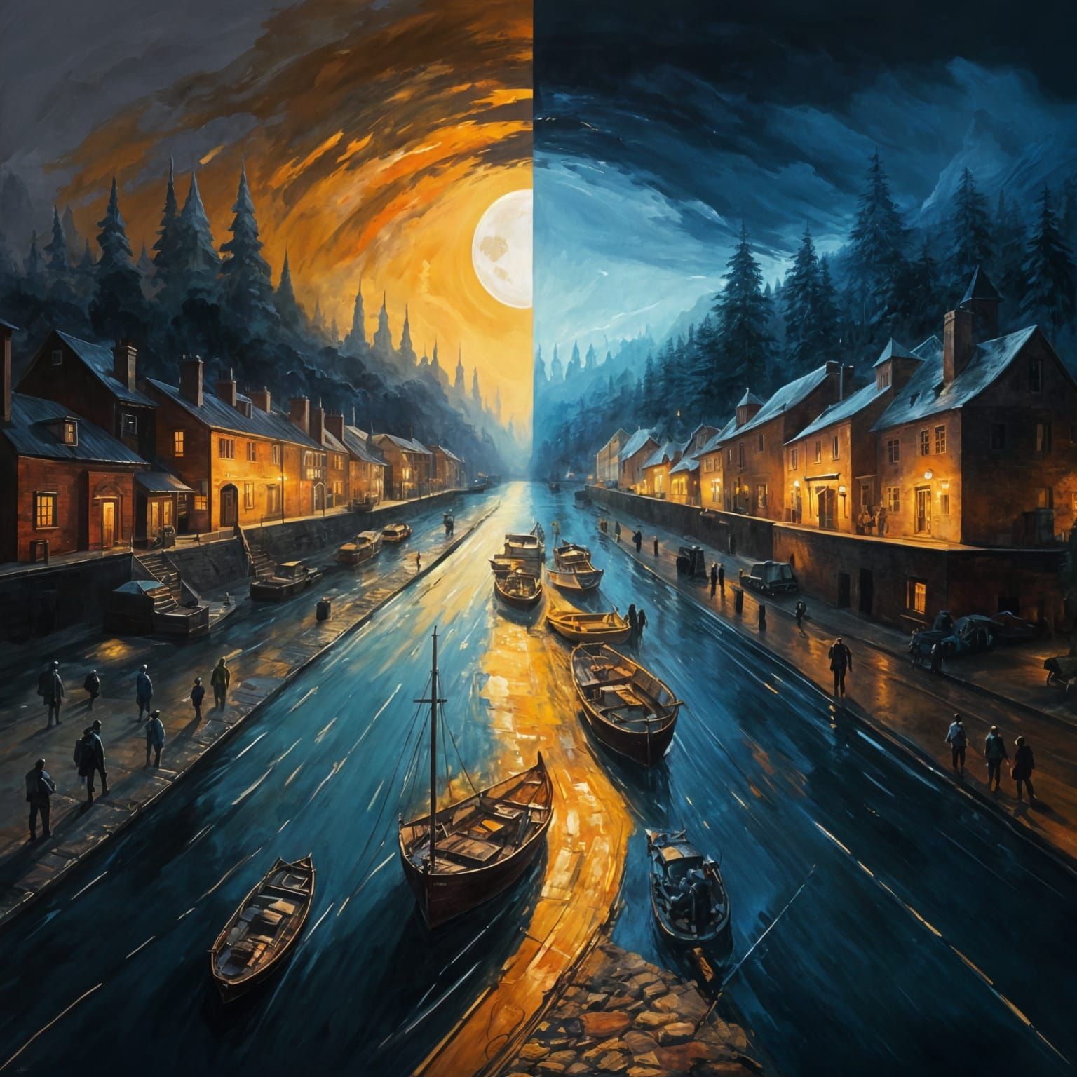 Surreal Landscape Split Between Day and Night