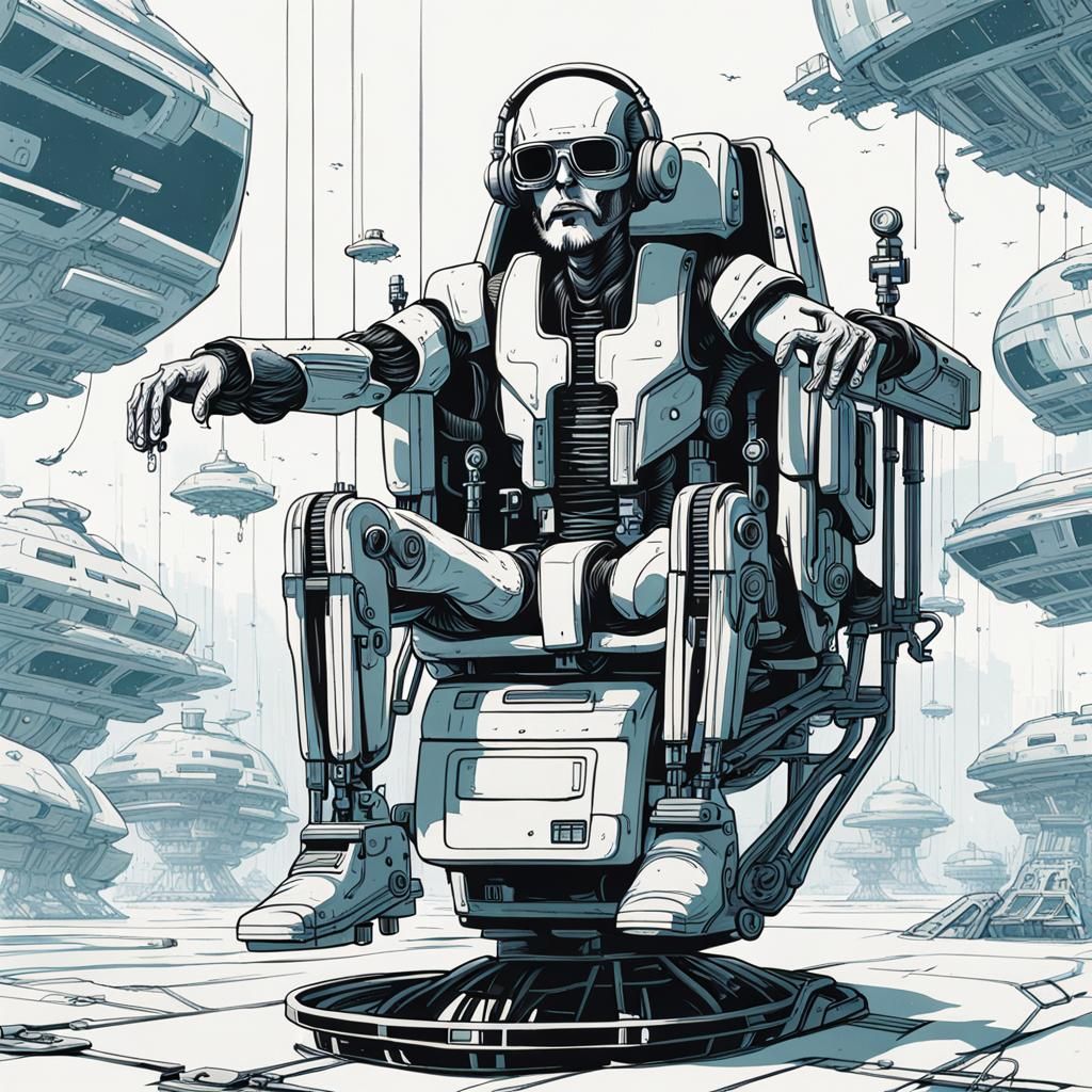Retro Sci-Fi Man in Hoverchair: Ink Drawing