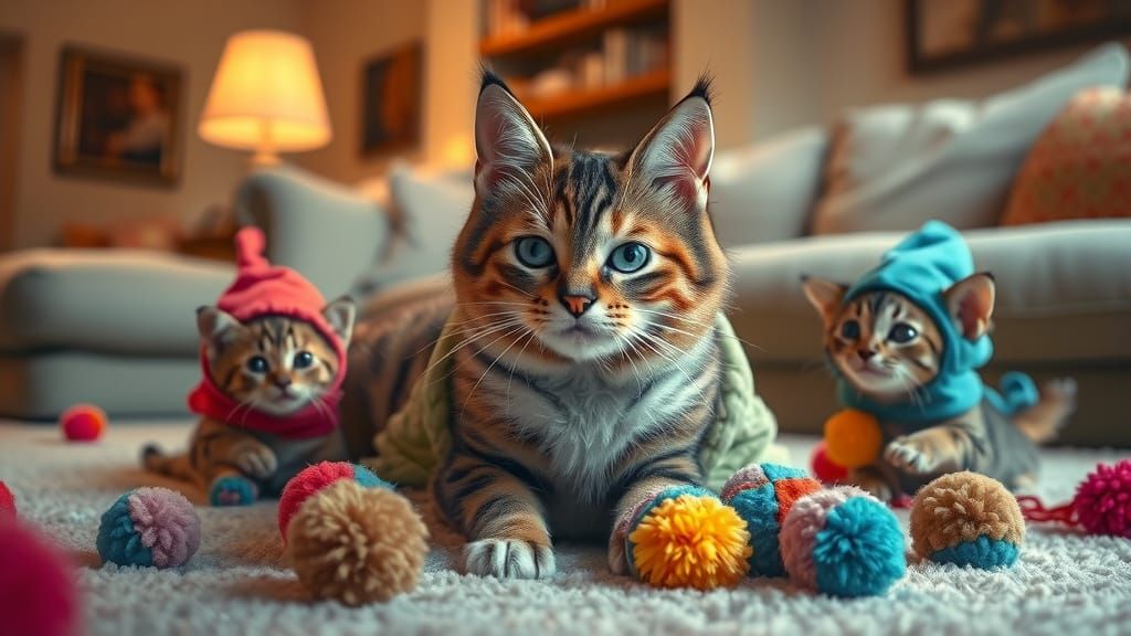 Tabby Cats and Kittens Playing: Airbrush Art