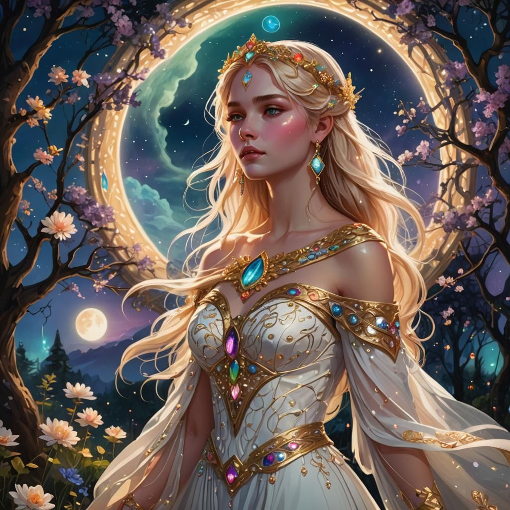 Goddess in Moonlit Garden with Aurora Borealis