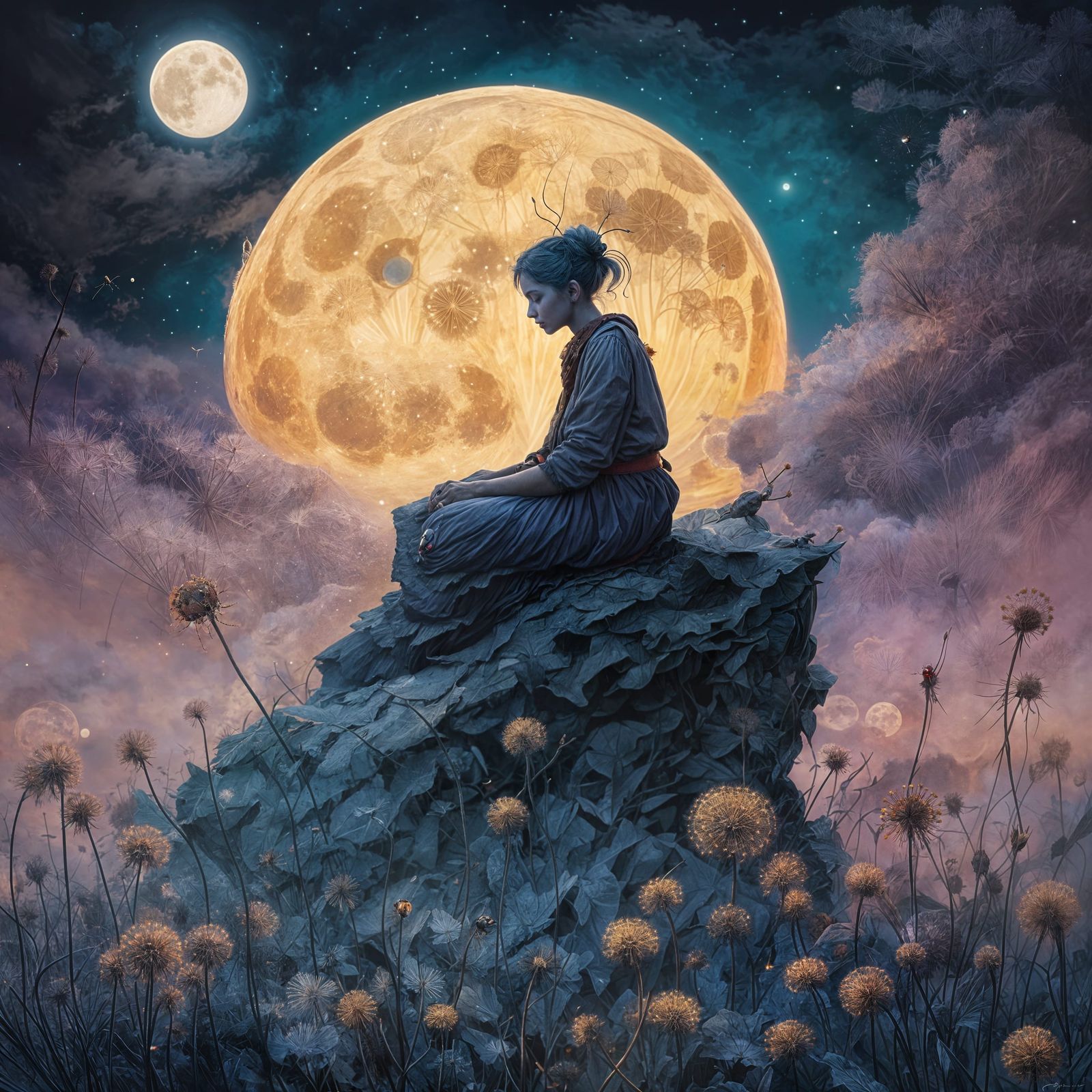 Ethereal Ladybug Amidst Dandelion Bloom Under Celestial Dram...