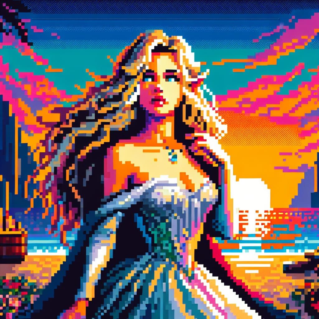 Fair Maiden of the Sunset Coastline in Pixel Art