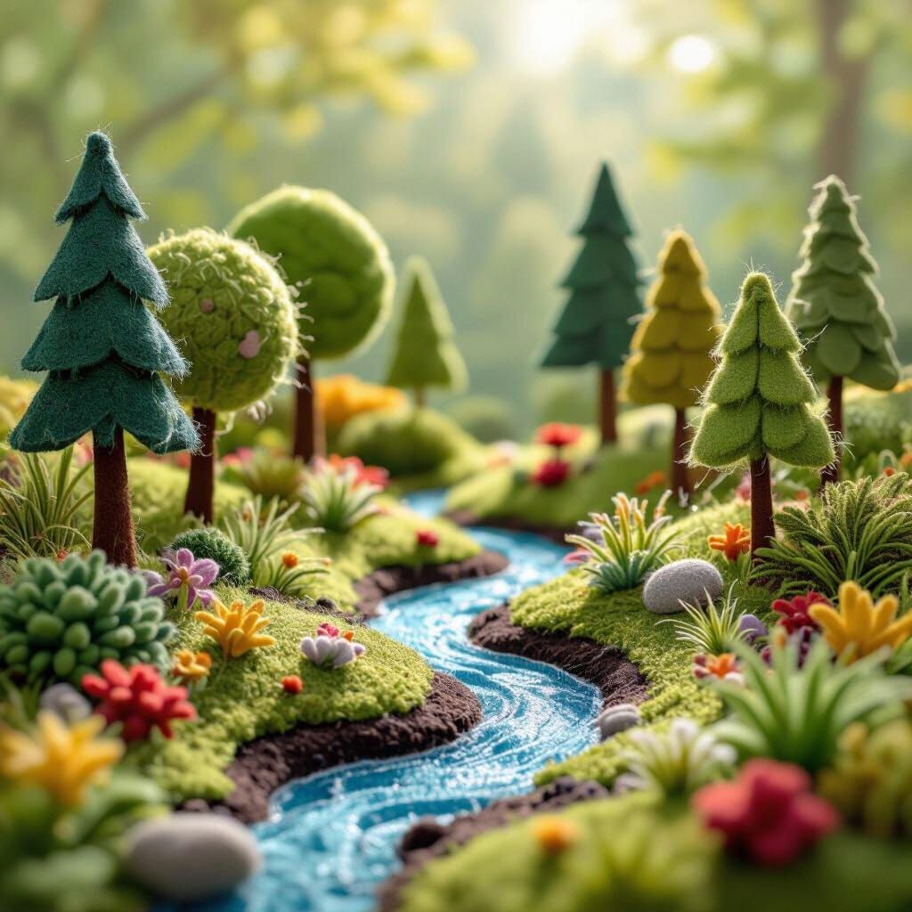 Vibrant Felt Forest Landscape with Soft Bokeh