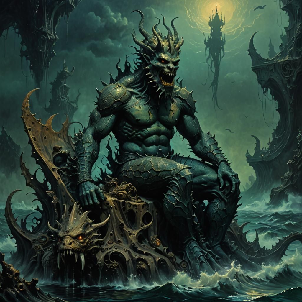 Underwater Demon King in Surreal Biomechanical Style