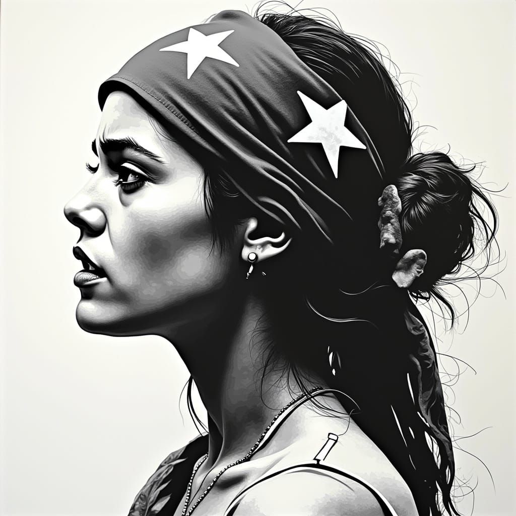 Distressed Puerto Rican Woman in Black and White Stencil Art