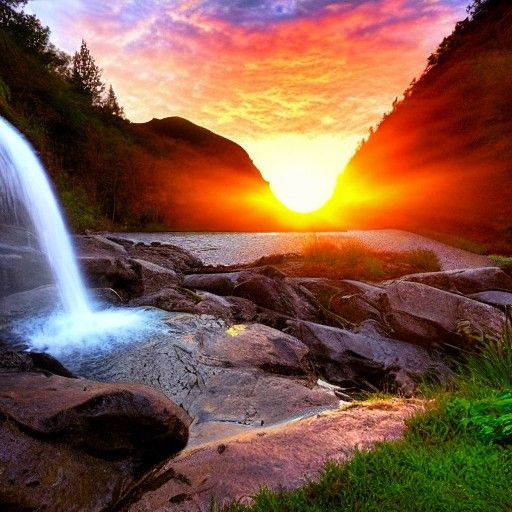 Sunset Glow Over Mountain Waterfall