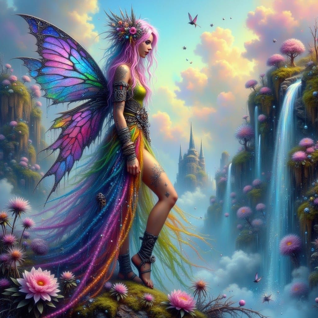 Rainbow Waterfall with Stardust Figure in Fairy Punk Style