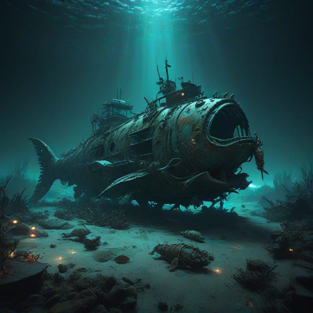 Eerie Bioluminescent Fish in Deep Sea Wreckage