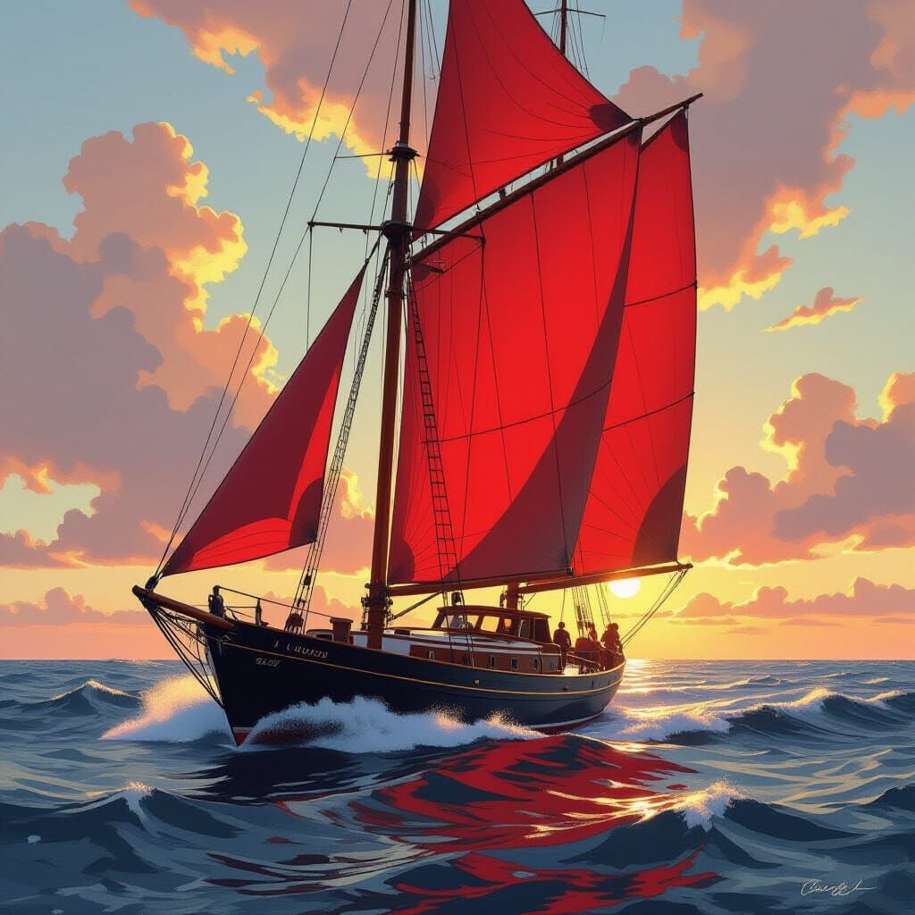 Red Sails Yacht on Irish Sea in Painterly Style