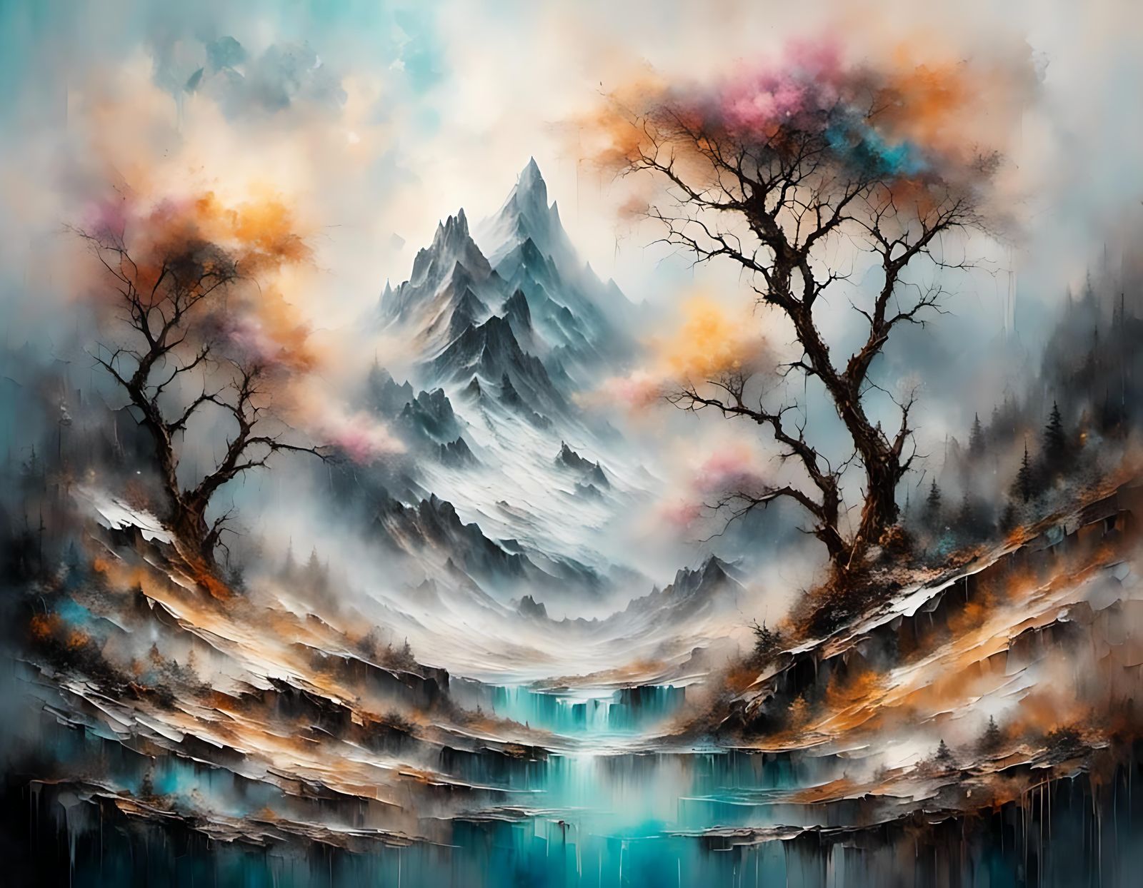 Dreamy Mountainscape with Magnolia Trees in Surreal Style