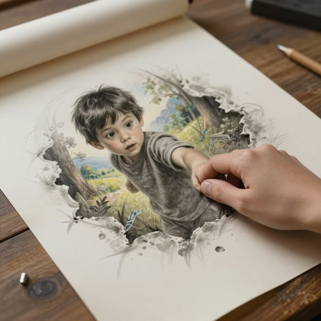 Boy Pulled From Paper by Graphite Hand