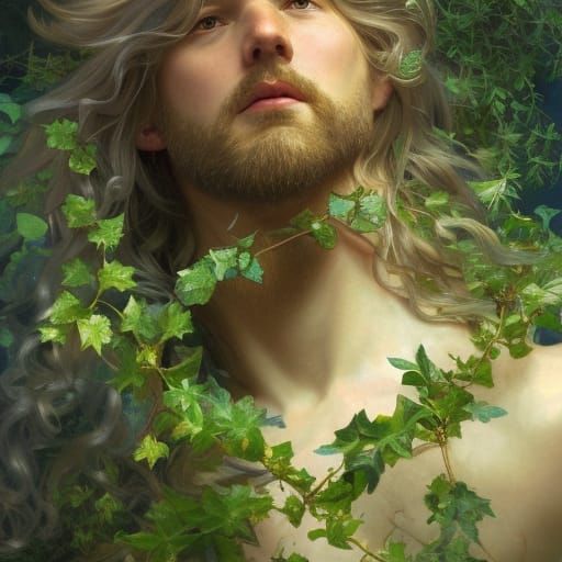 Ivy-Clad Fairy God Portrait in Art Nouveau Style