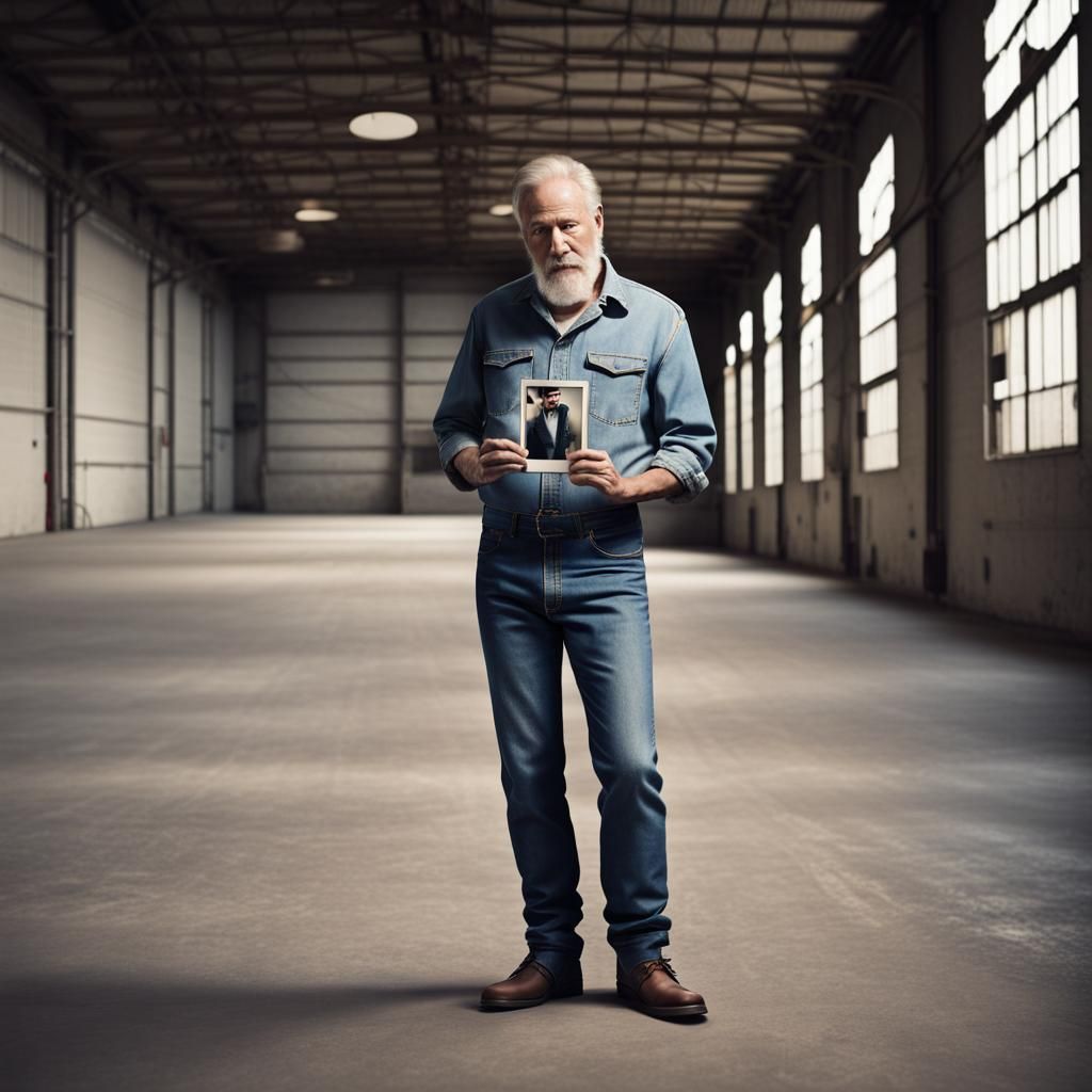 Man in Warehouse Holding Polaroid Photograph