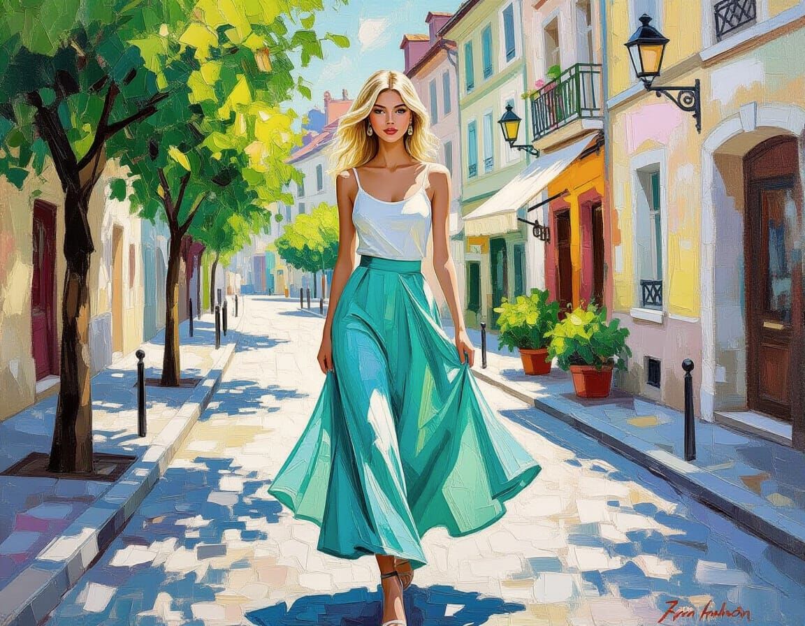 Impasto Oil Painting of Woman in Teal Skirt on European Stre...