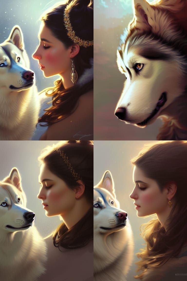 Goddess Cuddling Huskies: Hyperdetailed Digital Portrait