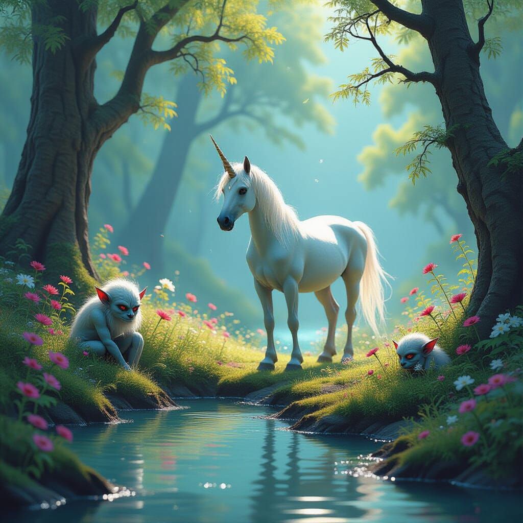 Magical Unicorn in Flower Forest, Michael Parkes Style