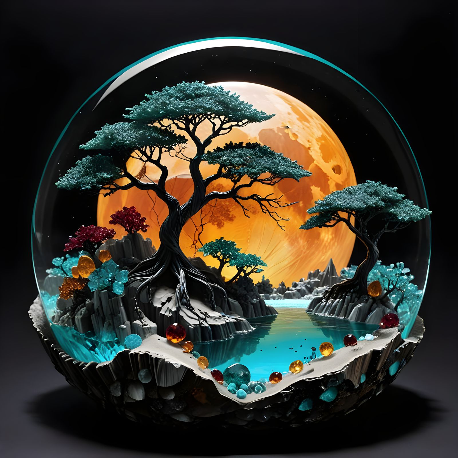 Surreal Garden Scene in a Glowing Crystal Orb