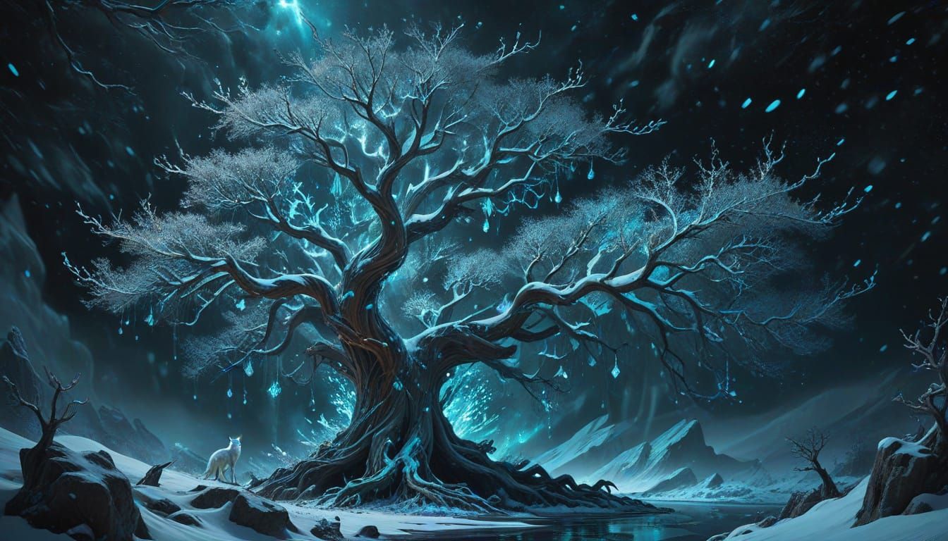 Ancient Snow Storm Tree with Bioluminescent Foxes