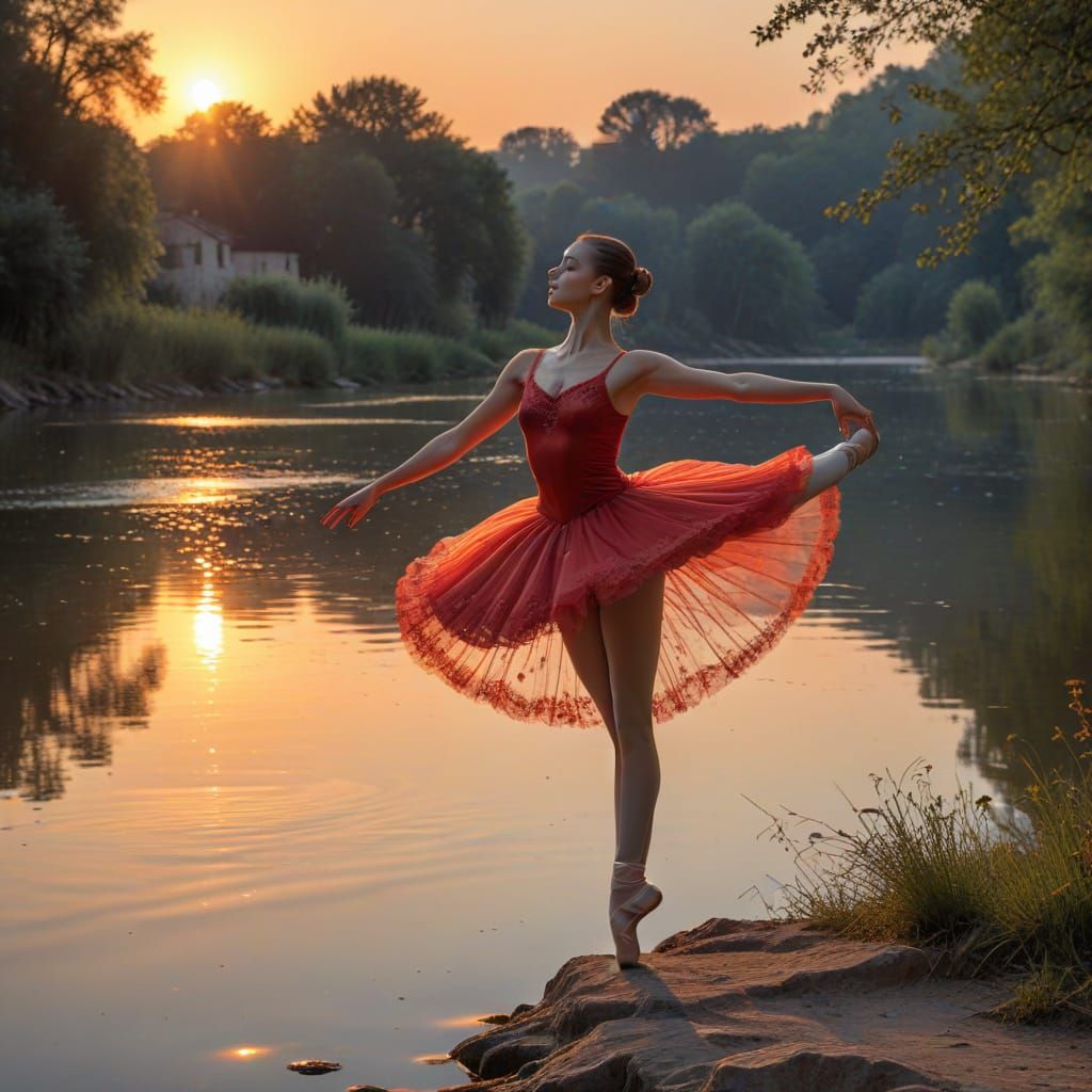 Surrealistic Rice Ballerina Merges with Sunset Landscape