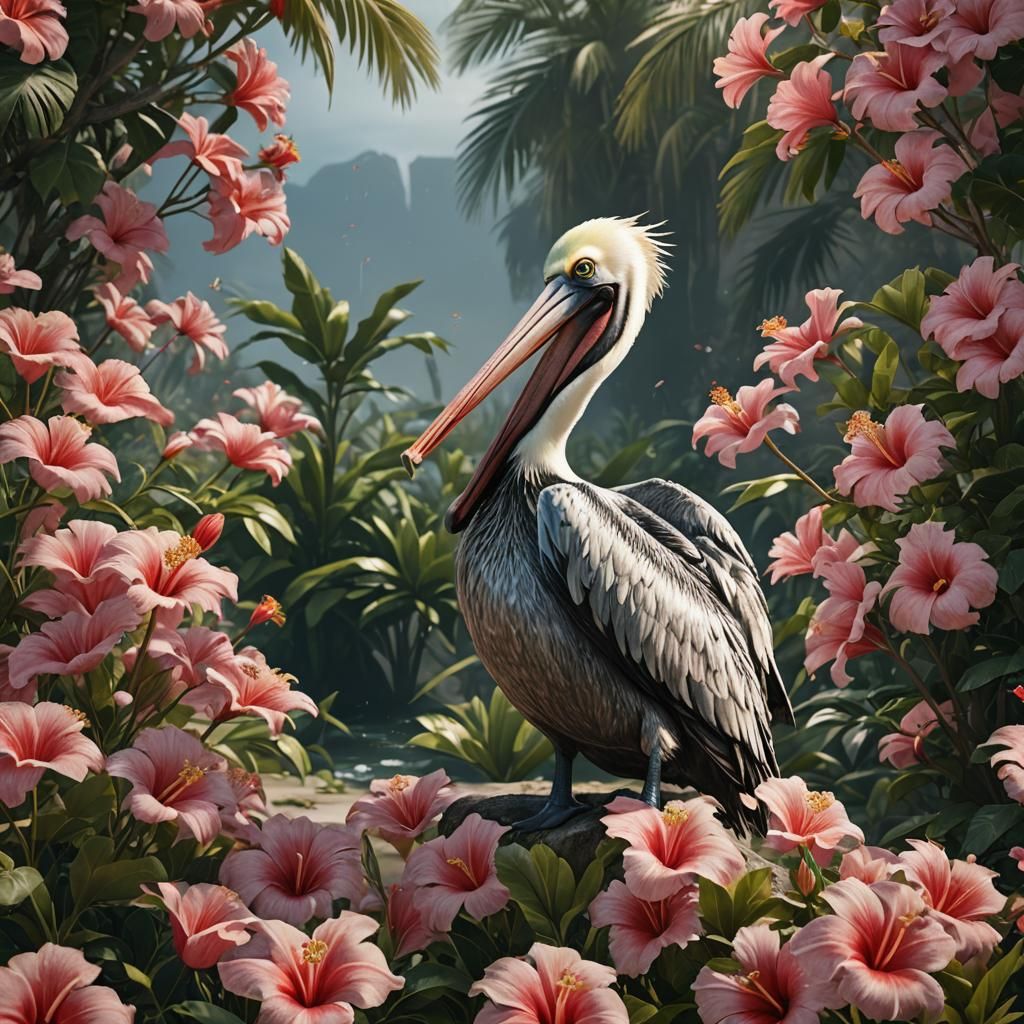 Hyperrealistic Pelican with Hibiscus in Unreal Engine
